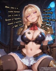 kuroinu_~kedakaki_seijo_wa_hakudaku_ni_somaru~ alicia_arcturus blonde_hair blonde_female blonde purple_eyes large_breasts big_breasts femdom pov queen_of_spades qos_tattoo qos blacked zimalarey ai_generated hi_res highres high_resolution high_quality 1girl 1girls text english_text english comic comic_page speech_bubble tattoo armor armored_female g-string panties cameltoe stockings