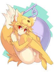 2017 animal_humanoid anus blonde_hair blush canine clitoral_hood feet_together female fetal_position fox fox_humanoid fur hair humanoid knees_together knees_up legs_together looking_at_viewer mammal moonlight_flower mostly_nude pussy ragnarok_online reclining red_eyes smile solo thighhighs toe_socks toes tsuderou video_games yellow_fur