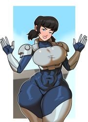 1girl 1girls abs armor armored_female badblue98 black_hair blue_eyes bodysuit breasts invincible invincible_(tv_series) solo tech_jacket tech_jacket_(zoe_thompson) teenager thick_thighs thighs