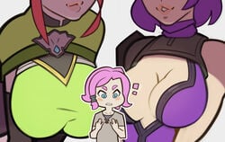 3girls big_breasts blue_eyes breast_envy breasts cassie_(paladins) elf female female_only flat_chest hi-rez_studios light-skinned_female light_skin maeve_(paladins) multiple_girls paladins pink_hair purple_hair red_hair skye_(paladins) splashbrush tagme timber_cassie twilight_skye