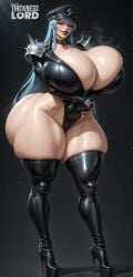 curvy stable_diffusion ai_generated hi_res high_resolution highres shiny_skin alternate_body_type alternate_breast_size curvaceous curves curvy_body curvy_figure voluptuous glossy glossy_body thicknesslord esdeath_(akame_ga_kill!) akame_ga_kill! 1girl thick_thighs breasts thighs high_heels boots solo gigantic_breasts hat long_hair thighhighs blue_hair sweat leotard gloves wide_hips high_heel_boots makeup spikes huge_breasts lipstick fingerless_gloves peaked_cap thigh_boots cleavage black_gloves blue_eyes full_body collar black_leotard black_footwear very_long_hair choker leather black_headwear standing looking_at_viewer highleg_leotard shiny_clothes black_thighhighs skindentation black_lips latex eyeshadow huge_ass platform_heels smile steaming_body blue_lips lips spiked_collar highleg shoulder_armor shoulder_spikes black_background thunder_thighs child_bearing_hips big_thighs skull_crushing_thighs large_thighs bottom_heavy big_ass massive_ass gigantic_ass hourglass_figure skin_gloss