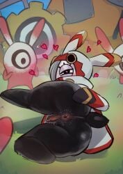 absurd_res anal_hair anthro anus big_butt black_body black_eyes blush bottomless butt clothed clothing eyelasehs eyeshadow featureless_feet feet female genitals grey_hair grey_pubes hair hair_over_eye heart_symbol hi_res imsofckinlost lagomorph leporid looking_at_viewer lying makeup mammal on_side pink_anus pink_vulva pubes purple_eyeshadow pyokorappa_(ratatan) rabbit ratatan solo thick_thighs topwear vulva white_body white_clothing white_topwear wide_hips