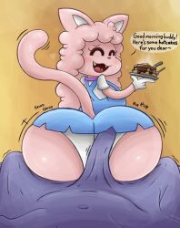 anthro bed bed_sheet bedding big_butt big_penis butt domestic_cat duo erection felid feline felis female food furniture genitals goo_creature grinding hair heart_symbol hot_dogging huge_butt huge_penis long_hair male male/female mammal motion_lines pancake penis pink_body pink_hair sarah_kattina_(spicysierra) sex sharp_teeth smile spicysierra teeth under_covers waking_up