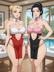 2girls ai_assisted ai_generated anime_style armpit_crease belly_button black_hair black_outline blonde_hair blue_eyes chinese_dress cleavage collared_dress eyelashes hair_bun hair_ornament hair_pin hair_ribbon hair_strand hand_behind_another's_back hand_on_hip heart_panties hourglass_figure indoor_pool large_breasts light-skinned_female lipstick looking_at_viewer massage_table masseuse medium_breasts midriff midriff_cutout one_hand_on_hip palm_tree panties_under_dress picture_frame poolside rgomez007 seductive_look self_upload sidelocks smiling_at_viewer stable_diffusion standing thick_lips thick_thighs thong_visible tied_hair twin_buns updo wide_hips