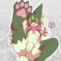 1:1 absurd_res anthro breast_curtains breasts clothed clothing digital_media_(artwork) domestic_cat eyelashes feet felid feline felis female female_anthro foot_fetish foot_focus fur generation_9_pokemon genitals green_body green_fur hair hi_res humanoid_feet looking_at_viewer mammal medium_breasts meowscarada nintendo offering_to_viewer pawpads paws plantigrade pokemon pokemon_(species) presenting sharalythesheep simple_background soles solo spread_legs spreading tail toes vulva