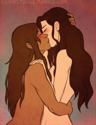 2girls arched_back arm_around_partner artist_name asami_sato ass_peek asymmetrical_docking avatar_legends avatar_the_last_airbender black_hair blush breast_press breasts breasts_to_breasts brown_hair canon_couple chocolate_and_vanilla closed_eyes color completely_nude couple dark-skinned_female embrace female_only female_protagonist fire_nation gradient_background hair_down hand_on_another's_head hand_on_another's_shoulder hugging imminent_sex interracial interracial_yuri kissing korra light-skinned_female lipstick long_hair love making_out messy_hair nude nude_female ohlookitscazz red_lipstick romantic romantic_couple side_view sideboob size_difference smile straight_hair the_avatar the_legend_of_korra tomboy upper_body very_long_hair water_tribe watermark wholesome yuri