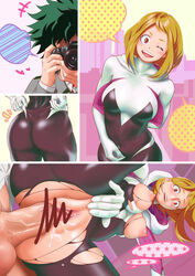 1boy ;d alternate_hair_color areolae ass balls black_pubic_hair blush bodysuit bodysuit_pull breasts breasts_out brown_eyes brown_hair camera censored clitoris close-up clothed_sex collarbone cosplay couple covered_navel female from_below green_hair hood instant_loss_2koma izuku_midoriya looking_at_viewer lower_body male_pubic_hair marvel marvel_comics medium_breasts my_hero_academia nipples nipples_outside ochako_uraraka one_eye_closed open_mouth pantylines penis pointless_censoring pov pubic_hair pussy pussy_juice roro school_uniform sex skin_tight skindentation smile spider-gwen_(cosplay) spider-man_(series) spread_legs star star_print taking_picture thought_bubble torn_bodysuit torn_clothes u.a._school_uniform vaginal_penetration veiny_penis