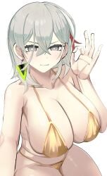 1girls actancyaga bikini blowjob_gesture blush breasts closed_mouth diabellestarr_the_dark_witch diabellstar_the_black_witch duel_monster earrings female hi_res konami large_breasts looking_at_viewer short_hair silver_eyes silver_hair smile solo white_background yu-gi-oh!