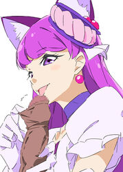 animal_ears censored choker clothing cure_macaron earrings female food_themed_hair_ornament foreskin_pull gloves kirakira_precure_a_la_mode kotozume_yukari licking macaron_hair_ornament magical_girl male oral penis pretty_cure purple_eyes purple_hair straight tongue uma_no_suke uncut