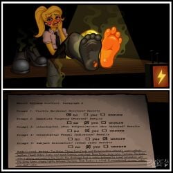 2026 4_toes absurd_res anthro avian bird biting_fingers black_border blarf022 blue_eyes blush border chicken english_text feathers feet feet_up female five_nights_at_freddy's five_nights_at_freddy's_2 foot_focus foot_on_table furniture galliform hair hi_res humanoid_feet looking_at_viewer musk necktie one_sock phasianid plantigrade ponytail scottgames shoes_removed smelly smelly_feet smelly_shoes solo stink_fumes table text toes toy_chica_(fnaf) yandere_chica yellow_body yellow_feathers