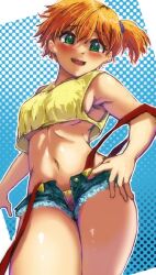 :d alternate_breast_size armpits bare_arms bare_shoulders blue_shorts blush breasts crop_top crop_top_overhang cropped_shirt cutoffs denim denim_shorts eyelashes female from_below green_eyes hair_between_eyes hand_on_own_hip kasumi_(pokemon) looking_at_viewer medium_breasts midriff navel nintendo no_bra open_clothes open_fly open_mouth open_shorts orange_hair panties panty_peek pink_panties pokemon pokemon_(anime) pokemon_(classic_anime) pokemon_rgby polka_dot ponytail raised_eyebrows shiny_skin shirt short_hair short_shorts shorts side_ponytail sideboob sleeveless sleeveless_shirt smile solo standing stomach strap_slip suspender_shorts suspenders suspenders_slip tank_top thighs underboob underwear unzipped yellow_shirt yellow_tank_top