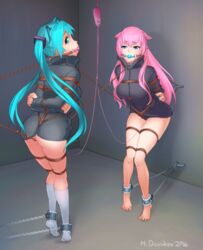 2girls ankle_cuffs arms_behind_back ass ball_gag ballgag bdsm blue_hair bondage bound chains collar color crotch_rope cuffs drool egg_vibrator female female_only femsub forced_orgasm gag gagged hatsune_miku knots knotted_crotch_rope long_hair looking_at_viewer max_domikov megurine_luka mstivoy multiple_girls multiple_subs pink_hair punishment rope socks stimulation tight uncensored vibrator vocaloid