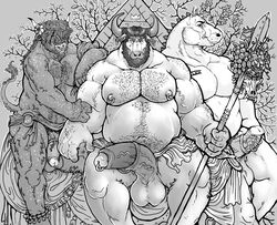 balls biceps big_penis bovine cattle chair crown dramamine ear_piercing equine erection foreskin frenum_ladder frenum_piercing genital_piercing greyscale group hairy half-erect horn horse humanoid_penis king loincloth male mammal medial_ring melee_weapon monochrome musclegut muscular nipple_piercing nipples pecs penis penis_piercing piercing polearm precum prince_albert_piercing retracted_foreskin royalty slightly_chubby spear throne uncircumcised uncut vein veiny_penis weapon yaoi