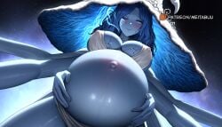 ai_generated big_belly blue_eyes blue_hair blue_skin blush breasts cleavage closed_mouth colored_skin covered_nipples cracked_skin elden_ring extra_arms female from_below hat large_breasts long_hair looking_at_viewer looking_down meitabuu one_eye_closed pov pregnant ranni_the_witch smile solo