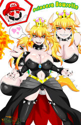 1boy 1girls big_breasts blonde blonde_hair blushing bowsette claws female female_focus fire_breathing male mario mario_(series) new_super_mario_bros._u_deluxe nintendo overflowing_breasts raidon_dimentional_land red_eyes rule_63 sharp_teeth spanish_text spikes spikes_collar spikes_cuffs super_mario_bros. text thighhighs