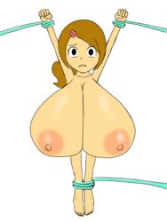 1girls 2017 alternate_breast_size armpits arms_up brown_hair feet godalmite hairclip huge_breasts hyper hyper_breasts looking_at_viewer nipples reporter reporter_(rhythm_tengoku) reporter_girl rhythm_heaven sequence suspension tentacles