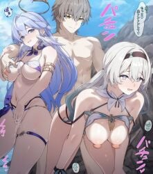 1boy 2girls beach big_breasts bikini breasts breasts_out caelus_(honkai:_star_rail) commentary_request doggy_style ffm_threesome firefly_(honkai:_star_rail) from_behind_position grabbing_breasts green_eyes group group_sex honkai:_star_rail honkai_(series) huge_nipples japanese_text legs light-skinned_female light-skinned_male long_hair masturbation mff nipples open_mouth robin_(honkai:_star_rail) sex sex_from_behind shirotategosha text threesome white_hair yellow_eyes