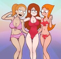 3girls candace_flynn gravity_falls phineas_and_ferb red_hair redhead rick_and_morty summer_smith swimsuit wendy_corduroy