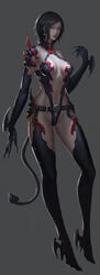 1girls belt black_hair demon_tail earrings female female_only gloves grey_background navel original short_hair sling_bikini solo youyi