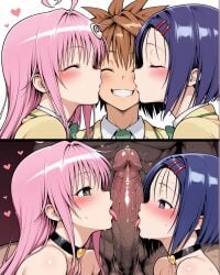 2boys 2girls 2koma ahoge ai_generated bangs bare_shoulders blowjob blue_hair blush cheating cheating_girlfriend choker closed_eyes completely_naked completely_nude cooperative_fellatio cuckold fellatio ffm ffm_threesome green_eyes grin grinning group_sex hairclip heart heart-shaped_pupils heart_choker instant_loss_2koma kissing kissing_cheek kissing_penis lala_satalin_deviluke large_penis licking licking_penis long_hair naked necktie netorare notreallyhere ntr nude penis pink_hair precum purple_eyes sainan_high_school_uniform sairenji_haruna saliva school_uniform short_hair sidelocks simple_background smile sweat testicles threesome to_love-ru to_love-ru_darkness tongue yuuki_rito