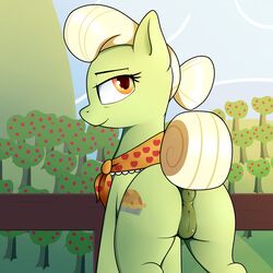 2017 amber_eyes anus apple ass bedroom_eyes cutie_mark earth_pony equine female feral food friendship_is_magic fruit granny_smith_(mlp) granny_smith_(young) hair half-closed_eyes hasbro horse landscape looking_at_viewer looking_back mammal mlp_g5 my_little_pony neighday outside pony presenting pussy scarf seductive sky smile solo tree white_hair