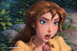 1boy 1boy1girl 1girls ai_generated blue_eyes blush brown_hair collared_shirt cum cum_on_body cum_on_clothes cum_on_hair disney eyeshadow facial female hi_res jane_porter lips lipstick long_hair makeup male nose open_mouth outdoors partial_male penis progenarts red_lips rock shirt solo_focus straight tarzan_(1999_film) teeth uncensored walt_disney yellow_shirt