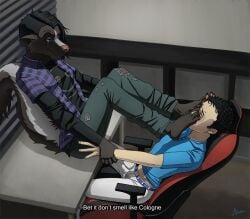 alakser andy_(alakser) anthro black_body black_fur black_hair bottomwear bulge chair clothing detailed_background dominant dominant_anthro dominant_male duo erection erection_under_clothing feet foot_fetish foot_on_face foot_sniffing forced forced_sniffing fur furniture grabbing_wrists hair human human_on_anthro humanoid_feet interspecies male male/male male_on_human male_on_top mammal mephitid on_top pants pawpads plantigrade shirt sitting skunk sniffing submissive submissive_human submissive_male table tenting topwear