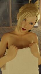3d 3d_(artwork) 3d_model 3d_render 8k almost_naked almost_nude bathhouse cleavage final_fantasy final_fantasy_xiv hi_res highres hot_spring hyur imminent_sex kazworksnsfw looking_at_viewer midlander minfilia minfilia_warde pov pov_eye_contact smiling smiling_at_viewer square_enix towel warrior_of_light_(ff14)