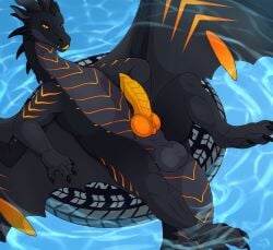 animal_genitalia animal_only balls black_body black_claws black_horn black_scales claws dirty.paws dragon erection feral fridaflame genitals hi_res horn male membrane_(anatomy) membranous_wings mythological_creature mythological_scalie mythology orange_eyes orange_knot orange_penis orange_sclera penis scales scalie sheath solo ventral_scales wings