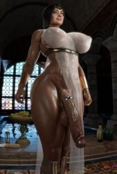 black_hair boots breasts egyptian female futa futanari giantess intersex large_breasts lips navel nipples short_hair solo standing thighs