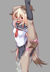 anus blonde_hair canine censored female female furry heart_censor leg_lift long_hair no_panties orange_eyes panties_around_leg peeing peruri_(derimono0) pussy school_uniform skirt solo spread_pussy standing