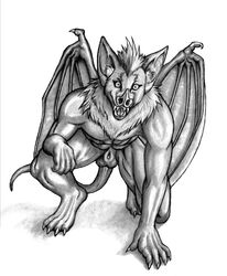 2013 anthro bat crouching fangs gargoyle hybrid kneeling looking_at_viewer male mammal membranous_wings nude open_mouth pose solo wings wolfenfury