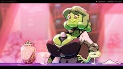 1girls 2d animated animated animated bartender big_breasts breasts_bigger_than_head breasts_focus clothed clothed_female female female_focus female_only green_body green_hair green_skin huge_breasts monster monster_girl nyuru slime slime_girl slime_hair solo solo_female solo_focus tagme tail-blazer