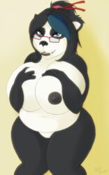 anthro areola bear big_breasts breasts erect_nipples eyewear female fur glasses hair hi_res looking_at_viewer mammal nipples pandaren pussy rohgen_(artist) scarf smile teeth video_games warcraft