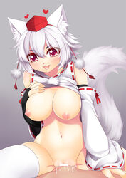 :p animal_ears bottomless breasts bridal_gauntlets cowgirl_position detached_sleeves elbow_gloves female gloves hat highres langlong looking_at_viewer momiji_inubashiri nipples red_eyes sex short_hair solo straddling tail thighhighs tokin_hat tongue tongue_out touhou vaginal_penetration white_hair wide_sleeves wolf_ears wolf_tail