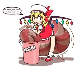 1girls abdl diaper diaper_pail embodiment_of_scarlet_devil female flandre_scarlet hypermess messy_diaper onomatopoeia shslsadcat simple_background solo text text_bubble touhou vampire