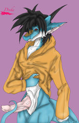 anthro black_sclera bottomless claws clothed clothing dragon dreke_cheberoths erection hoodie horn male male_only penis randomdragon red_eyes scalie smile solo