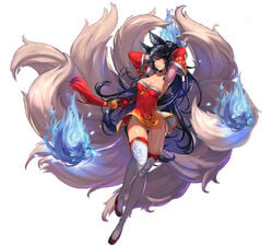 1girls ahri animal_ears armpits arms_up black_hair breasts cleavage collarbone covered_nipples facial_mark facial_marks female fire fox_ears fox_tail hands_behind_head highres korean_clothes league_of_legends long_hair medium_breasts multiple_tails no_panties qbspdl revealing_clothes simple_background solo tail thighhighs thighs very_long_hair white_background white_legwear yellow_eyes