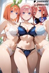3girls ai_generated asymmetrical_docking bangs bare_arms bare_shoulders black_clothes blue_bra blue_eyes blue_panties blue_underwear blush bow bow_bra bow_panties bra breast-to-breast breast_press breasts brown_hair cameltoe clavicle cleavage closed_mouth clothing collarbone eyebrows female female_only go-toubun_no_hanayome green_hairband green_ribbons hair_between_eyes hair_ornament hair_ribbon headphones headphones_around_neck highleg indoors jennieart02 lace lace-trimmed_bra lace_trim large_breasts lingerie long_hair looking_at_viewer medium_breasts medium_hair multiple_girls nakano_ichika nakano_miku nakano_nino nakano_yotsuba navel orange_hair panties pantsu parted_lips patreon patreon_logo patreon_username pink_hair ribbon short_hair siblings sister sisters smile standing stomach sweat thigh_gap thighs twitter twitter_username underwear underwear_only watermark white_bra white_panties white_underwear window