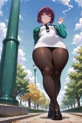 ai_generated brown_hair cigarette female legs_crossed loafers looking_at_viewer mahouka_koukou_no_rettousei outdoors pantyhose park sakurai_minami school_uniform smoking solo upskirt younger_female