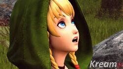 3d animated aqua_eyes aquamarine_eyes blonde_hair blue_eyes braided_hair cloak cowl cyan_eyes embarrassed erection gasp gloves hood hyrule_warriors kreamu linkle looking_at_penis looking_away no_sound open_mouth penis penis_awe petite shy side_braids sidelocks surprised swinging_penis the_legend_of_zelda video younger_female