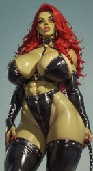 ai ai_art ai_assisted ai_generated background big_breasts black_latex bondage_outfit boobs_bigger_than_head breasts dnd dominatrix fantasy fantasy_creature female female_orc giant_breasts green_skin huge_breasts latex monster_girl orc orc_female red_hair tits_bigger_than_head