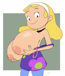 1girls 2016 alternate_breast_size areola bimbo blonde_hair bracelet breast_hold breasts busty cartoon_network class_of_3000 cleavage dated eye_contact godalmite hairband large_breasts long_hair looking_at_viewer madison_spaghettini_papadopoulos nipples text voluptuous watermark