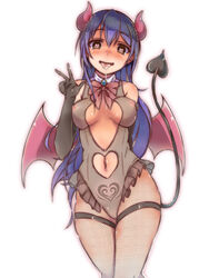 absurdres anchan arm_behind_back bangs black_gloves blue_hair blush bow bowtie breasts brown_eyes cum cum_in_mouth cum_on_tongue cumdrip demon_horns demon_tail demon_wings elbow_gloves erect_nipples female fishnet_pantyhose fishnets frills gloves hair_between_eyes heart heart-shaped_pupils highres horns knees_together leotard long_hair looking_at_viewer love_live! love_live!_school_idol_project medium_breasts navel navel_cutout nipples open_mouth pantyhose pubic_tattoo pussy red_bow red_bowtie see-through simple_background solo sonoda_umi symbol-shaped_pupils tail tattoo tears thighlet tongue tongue_out w white_background wings