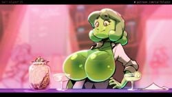 1girls 2d animated animated animated bartender big_breasts breasts_bigger_than_head breasts_focus clothed clothed_female female female_focus female_only green_body green_hair green_skin huge_breasts monster monster_girl nyuru slime slime_girl slime_hair solo solo_female solo_focus tagme tail-blazer