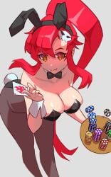 1girls bunny_ears bunny_girl bunny_tail bunnysuit holding_object large_breasts ponytail red_hair smile tengen_toppa_gurren_lagann tights ura_dora very_long_hair yellow_eyes yoko_littner