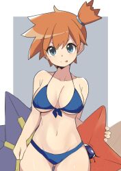 bikini blue_bikini blue_eyes breasts creatures_(company) decarabia female front-tie_bikini_top front-tie_top game_freak gen_1_pokemon gluteal_fold grey_background highres human kasumi_(pokemon) looking_at_viewer medium_breasts mituyota_76 nintendo orange_hair pokemon pokemon_(species) short_hair side_ponytail solo starmie staryu swimsuit thigh_gap tongue tongue_out two-tone_background