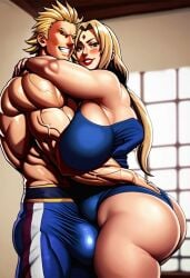 ai_generated all_might all_might_(cosplay) beach_background crossover huge_ass huge_bulge huge_butt hugging hyper_ass male/femalecrossmalehyper my_hero_academia naruto_(series) naruto_shippuden tsunade