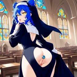 ai_generated anal_insertion blue_frog blue_hair buttplug church double_bun exposed_ass exposed_pussy finger_to_mouth hair_buns licking_finger looking_at_viewer looking_back nun nun's_habit nun_outfit pussy standing yellow_eyes