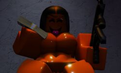 1girls 3d areolae black_hair breasts dark_skin gun ktrr34 money nipples nude pussy roblox robloxian shiny_skin tagme tongue_out